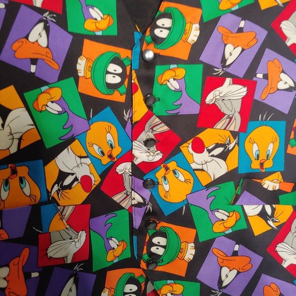 Vintage Looney Tunes Mens XL Silk Vest Mania Cartoon Print Daffy Bugs Retro - Picture 3 of 5